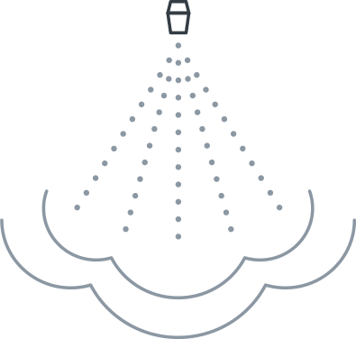 Symbole arrosage : Système d'irrigation par pulvérisation Illustration d'un arroseur ou pulvérisateur projetant des gouttes d'eau en éventail, créant des vagues d'arrosage au sol.