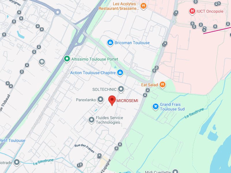 Carte Google localisant MICROSEMI près de SOLTECHNIC, Parexlanko, IUCT Oncopole et Grand Frais Toulouse Sud.