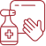 Désinfection des mains : Gel hydroalcoolique et hygiène Icône rouge : flacon pulvérisateur désinfectant avec croix médicale, orienté vers une main recevant le produit pour l'hygiène des mains.