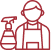 Agent d'Entretien avec Vaporisateur : Services de Nettoyage Icône stylisée rouge représentant un employé de nettoyage ou agent d'entretien tenant un vaporisateur, symbolisant les services de nettoyage professionnel.