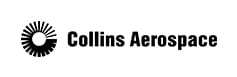 Logo Collins Aerospace : Aéronautique et Technologies Logo de Collins Aerospace en noir et blanc, composé d'un symbole stylisé de soleil/roue et du texte "Collins Aerospace".