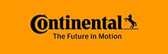 Logo Continental : Le Futur en Mouvement et Cheval Logo Continental sur fond orange vif avec le slogan "The Future in Motion" et une silhouette de cheval cabré.