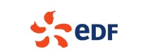 Logo EDF : Symbole d'énergie et marque institutionnelle Logo EDF : une icône stylisée orange de cinq pétales tournoyants à gauche du texte bleu marine "eDF".