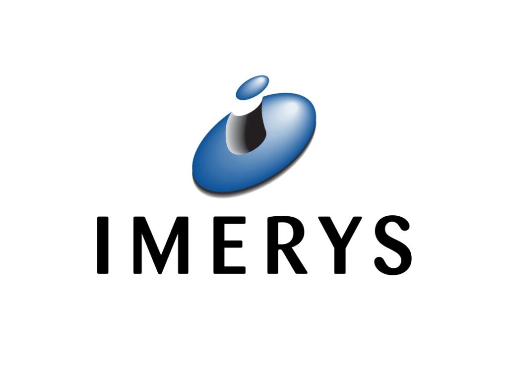 Logo Imerys : Symbole Abstrait Bleu et Nom de Marque Logo de Imerys : texte noir « IMERYS » sous un emblème abstrait bleu brillant représentant un « i » stylisé.