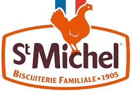 Logo St Michel : Biscuit Familial depuis 1905 Logo St Michel, biscuiterie familiale depuis 1905, avec un coq stylisé sous les couleurs du drapeau français.